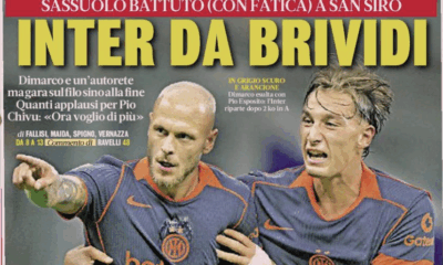 La prima pagina de La Gazzetta dello Sport - Inter da brividi