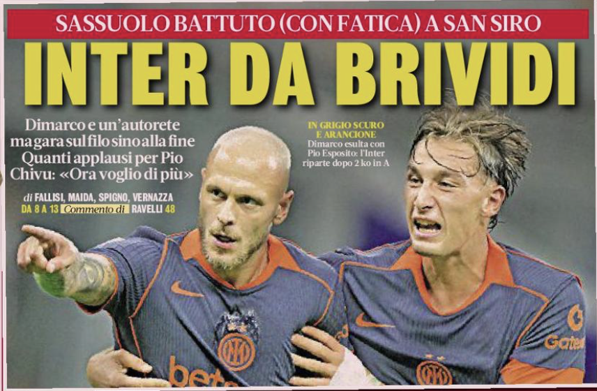 La prima pagina de La Gazzetta dello Sport - Inter da brividi