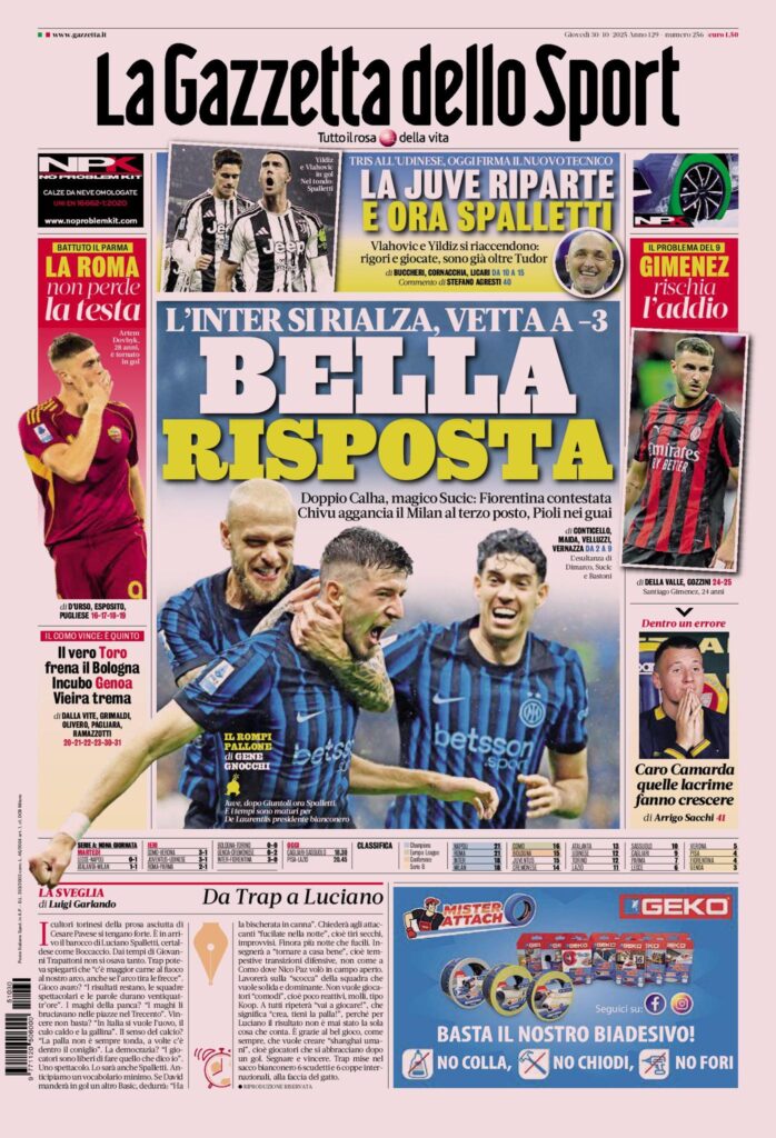 Prima pagina de La Gazzetta dello Sport - 30 ottobre 2025