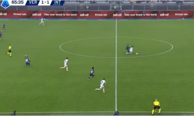 Il fallo di Yann Aurel Bisseck su Giovane in Hellas-Inter